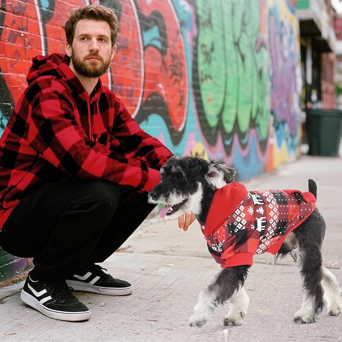 KOOLTAIL Christmas Dog Hoodie,Red Plaid Pet Clothes Sweater with Leash Hole&Pocket for Small Medium Large Dogs, Soft Winter Warm Dog Cold Weather Coat, Fleece Puppy Hooded Sweatshirt for Boys Girls, M