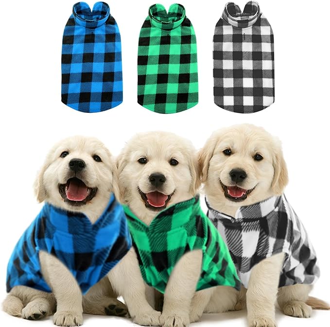 Kama Bridal 3 Pack Dog Coat - Spring, Autumn, Winter - Fleece Vest for Cats & Small/Medium Dogs - Blue, Green, Black Plaid (XS)