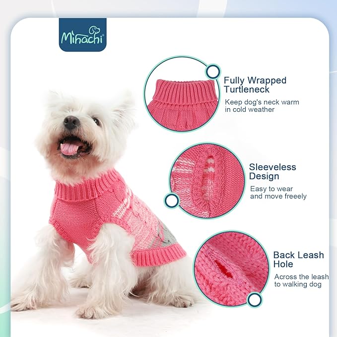 Mihachi Soft & Warm Dog Sweater - Pink Turtleneck Knitted Pullover with Leash Hole, Size L