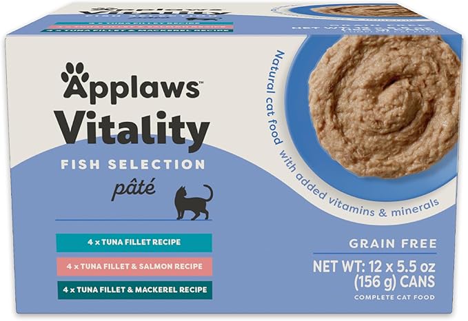 Applaws Vitality Wet Cat Food Paté, Natural Cat Food with Added Vitamins & Minerals, Grain-Free, Carrageenan Free, Fish Variety Selection (12 Count, 5.5 oz Cans)