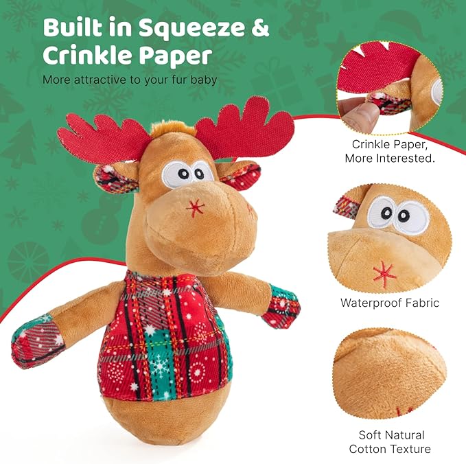Christmas Dog Toys – Plush Reindeer & Snowman Holiday Set for Small and Medium Dogs, Soft Stuffed Chew Toys with Crinkle Ears, Festive Red Green Plaid, Cute Stocking Stuffer Gift
