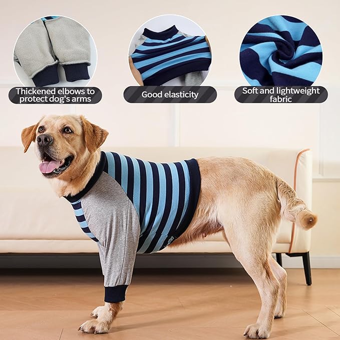 FUAMEY Dog Recovery Sleeve with Elbow Protector,Dogs Shirt Stop Licking Joints,Pet Long Sleeve Suit Protecting Dog's Front Leg Arm Wounds Cover Skin Conditions Blue Stripe L