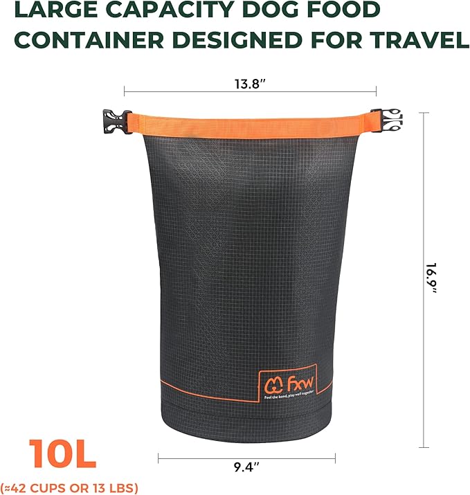FXW Dog Food Travel Bag，Large Capacity for Travel Kibble Storage Perfect for RV Road Trips, Camping, Longterm Dog Boarding Gear Accessories Gray, 42 Cups