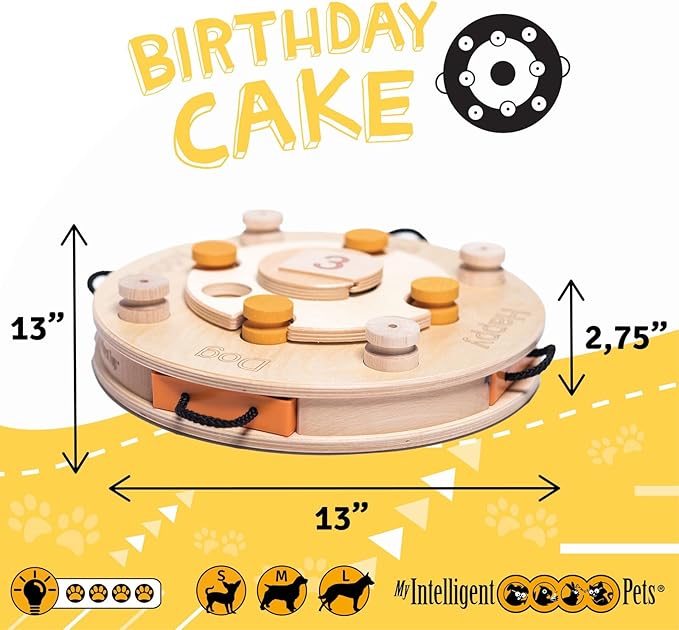 Birthday Cake - Dog Puzzle Toy, Interactive Wooden Brain Game for Dogs, Mental Enrichment Toy, Enhances Natural Instincts