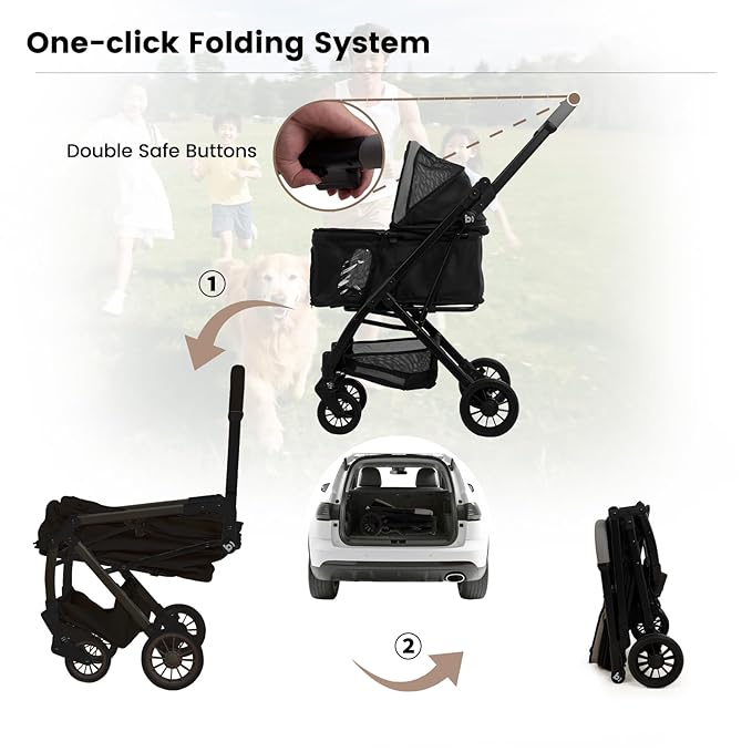 Lightweight Dog Stroller for Small Dogs & Cats Portable Compact Folded Pet Stroller Up to 35lbs Medium Pets One Click Folding Large Cat Carriage with Convertible Canopy Storage Basket - Black