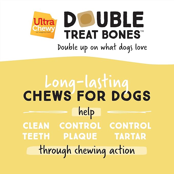 Ultra Chewy 3 Flavor Yogurt Double Treat Bones: Strawberry, Blueberry and Banana, Long-Lasting Dog Treats Made in USA for Large and Small Breeds, Highly Digestible (12 Count)