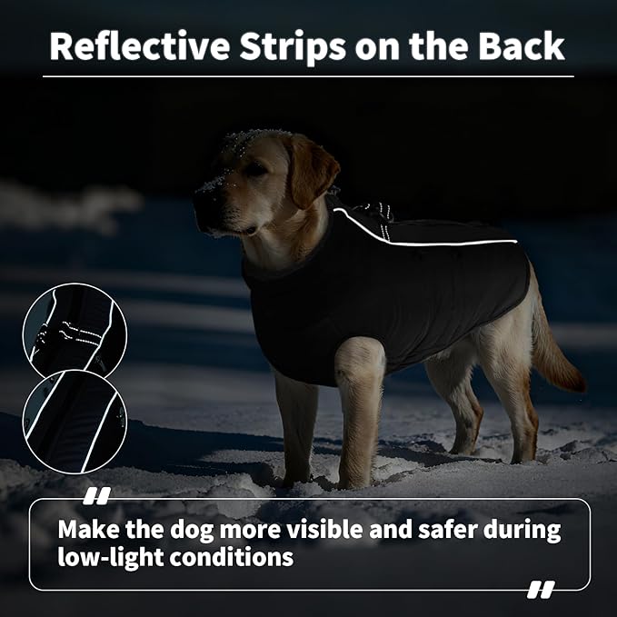 IDOMIK Warm Dog Coat with Harness, Waterproof Reflective Dog Jackets for Small Medium Large Dogs, Fleece High Collar Winter Jacket with Zipper, Pet Winter Snowsuit Clothes for Cold Weather,Black XL
