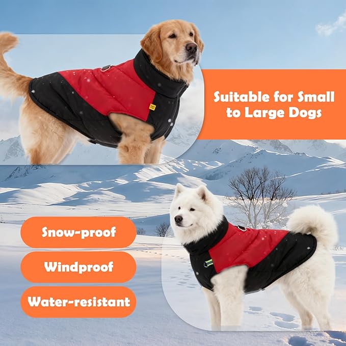Fleece Lined Dog Coats Extra Warm Dog Winter Coat,Waterproof Dogs Jacket for Medium to Large Dogs,Cold Weather Winter Clothes Turtleneck Windproof Reflective Pet Vest (Red & Black, 2XL)