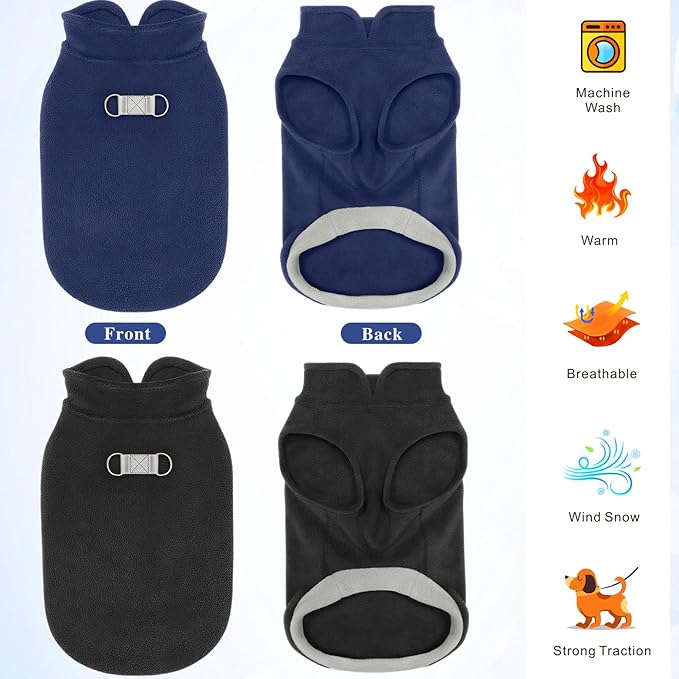 Idepet 2 Pack Dog Fleece Vest Sweater Warm Pullover Jacket with D-Ring Leash Reflective Winter Coat Hoodie for French Bulldog Pug Chihuahuas Yorkies Dachshunds(Black&Blue,X-Large-French Bulldog)