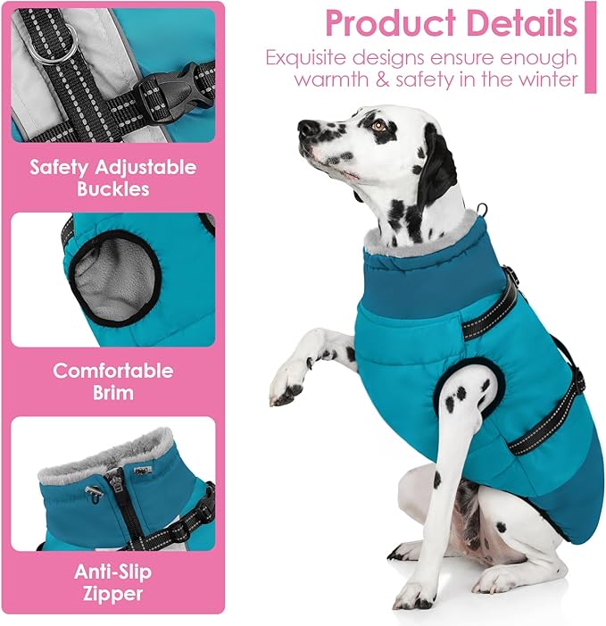 AOFITEE Dog Coats for Large Dogs, Waterproof Dog Winter Jacket with Harness Built in, Warm Large Dogs Coat with Fleece Lined, Zip Up Pets Jackets for Golden Retriever, Weimaraner, Turquoise 2XL