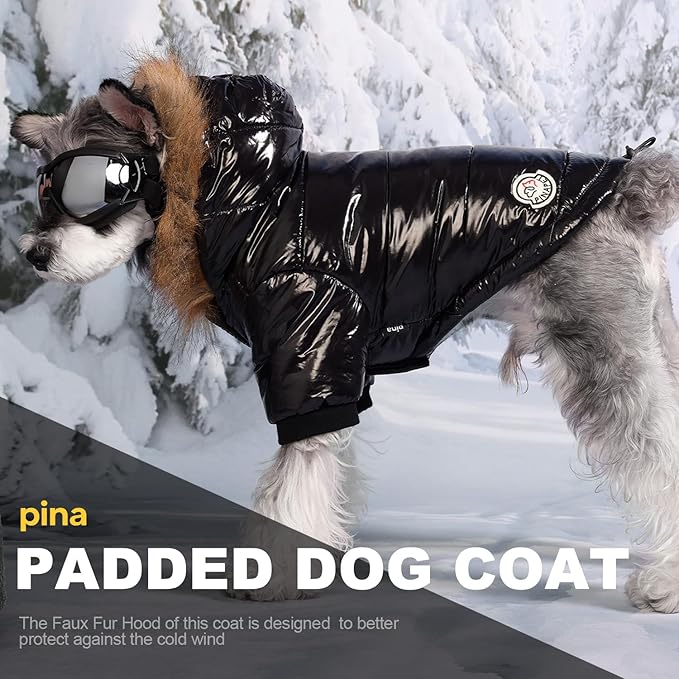 PINA Dog Winter Coat with Faux Fur Hood, Windproof and Warm, Suitable for Small to Large Dogs, Black, XXL