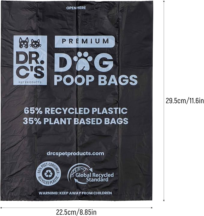 Certified 65% PCR (Post Consumer Recycled) Plastic and 35% Plant Based Dog Poop Bags - Dr. C's ONE OF A KIND Dog Poop Bags - 120 Bags / 8 Rolls, NO NEW PLASTICS USED, Unscented, Earth Friendly