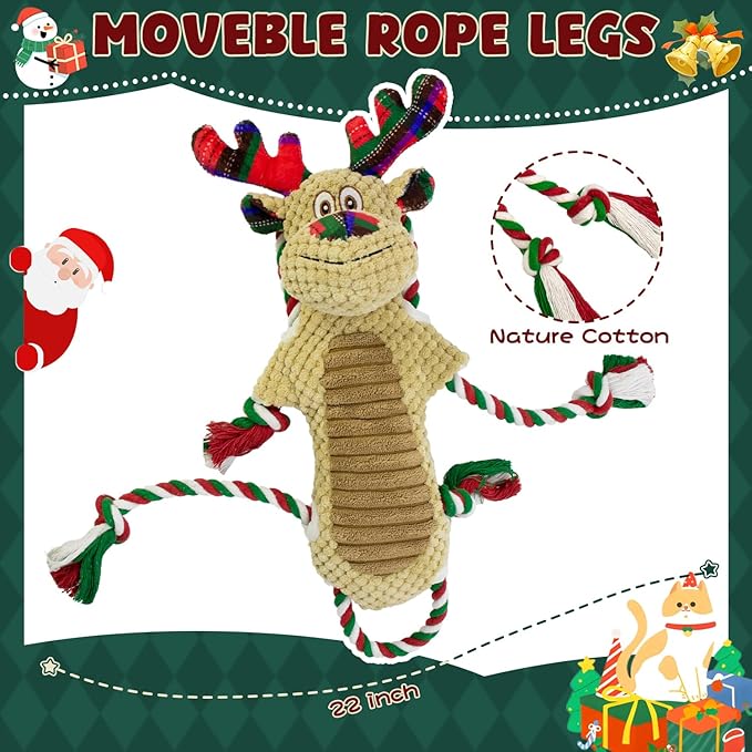 Christmas Squeaky Reindeer Dog Toys- Rope Tug of War Dog Toy for Puppy- Keep Them Busy and Entertained- Chew Toys for Medium & Large Breeds
