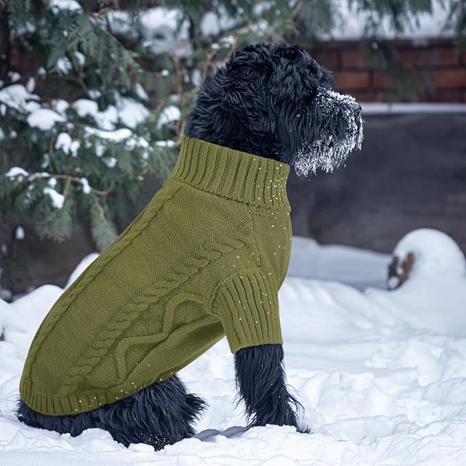 Queenmore Small Dog Pullover Sweater, Cold Weather Cable Knitwear, Classic Turtleneck Thick Warm Clothes for Chihuahua, Bulldog, Dachshund, Pugl,OliveGreen,XXL