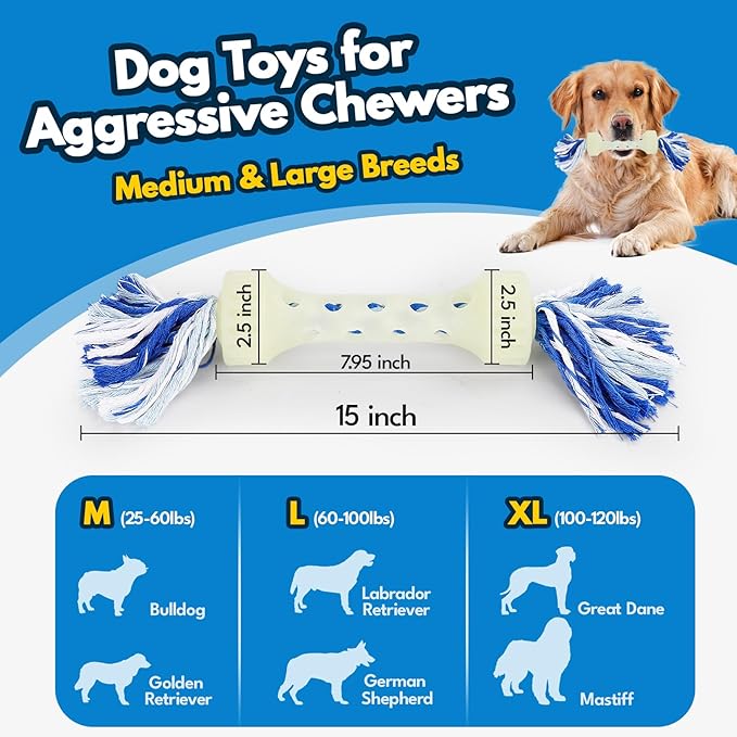 Indestructible Dog Rope Toy for Aggressive Chewers | Glow-in-The-Dark Tug of War Toy for Medium/Large Breeds | Durable TPR & Cotton Rope Chew Teething Fetch Toy