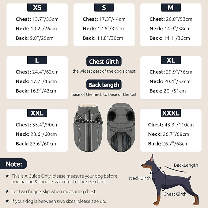 Dog Winter Coat with Harness Built in Warm Puffer Dog Jackets for Small Medium Large Dogs Windproof Waterproof Outfit with Plush Lining and Reflective Stripes (Grey, M)