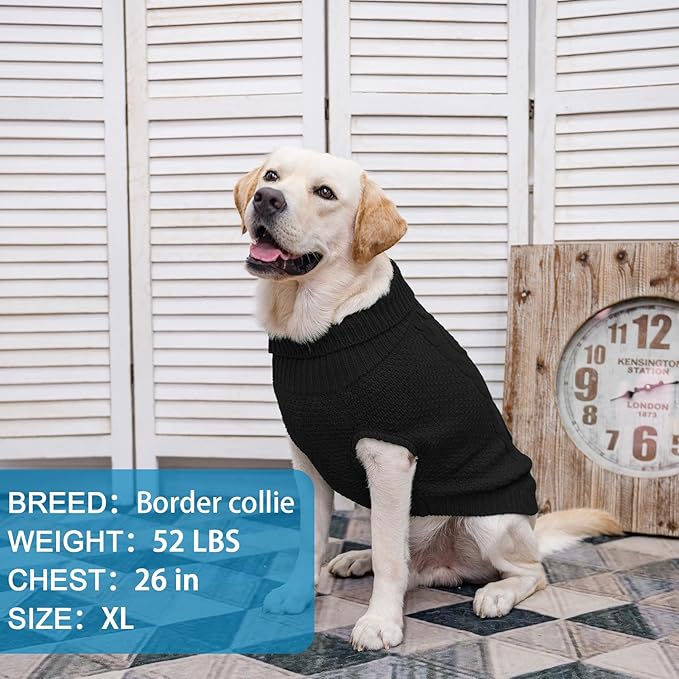Mihachi Turtleneck Dog Sweater - Winter Coat Apparel Classic Cable Knit Clothes with Leash Hole for Cold Weather, Ideal Gift for Pet in New Year Black Medium/Large