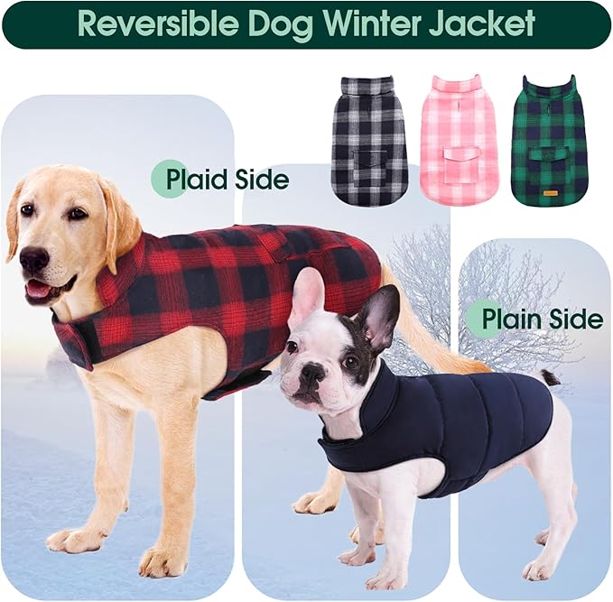 Kuoser Reversible Dog Jacket, Warm Winter Coat for Medium & Large Dogs, Warm Windproof Pet Cold Weather Clothes, Red XL