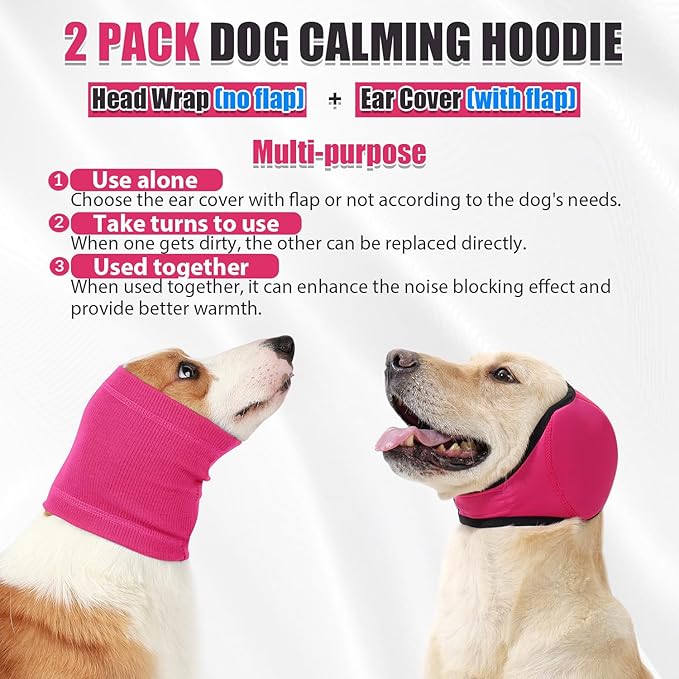 SlowTon Quiet Ears Dog Hoodie - 2 Pcs Ear Wrap Dog Ear Muffs Noise Protection, Anxiety Relief Dogs Hat Calming Hood Head Cover, Pet Headband Dogs Ear Protector for Grooming, Force Drying (Pink,S)