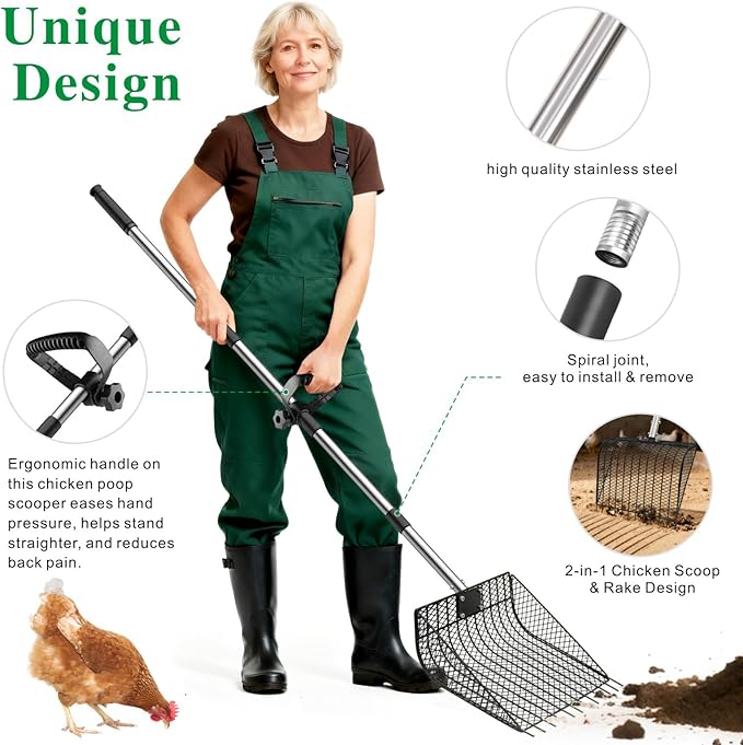 11.61" Chicken Poop Scooper & Rake, Otunrues Pooper Scoopers, 25" to 67" Large Metal Stainless Steel Chicken Litter Scoop with Handle for Farm Pet Waste Cleaning Sifting Litter Shovel