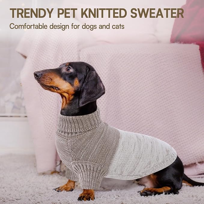 Queenmore Pullover XL Dog Sweater,Classic Turtleneck Warm Pet Sweater with Leash Hole for Dog Girls Boys,Winter Knitwear Clothes for Dachshund,Corgi,French Bulldog(Khaki,XL)