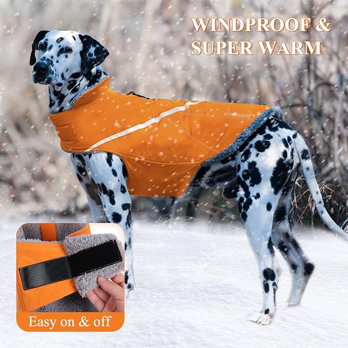 VIVAGLORY Snowrap Dog Coat, Jacket with Harness Hole & Velcro Closure, Dog Coat for Winter & Cold Weather, Fluffy Warm Fleece Lined Reflective Water Resistant for Puppy, M, Orange