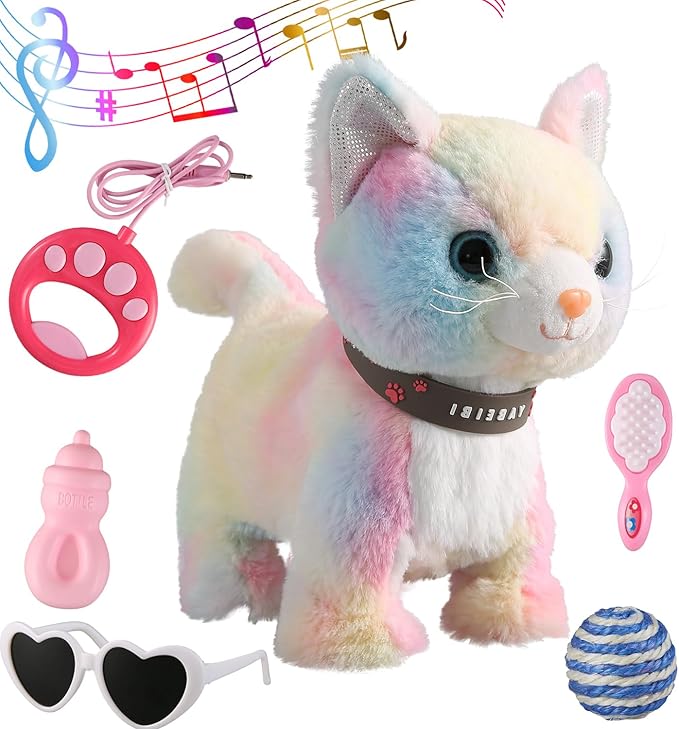 Colorful Walking Cat Set Singing That Purrs and Meows Animated Plush Robot Kitten with Leash Moving Plush Stuffed Animal Remote Control Cute Kawai Robotic Kitty Electronic Kitten Toy for Girl Kid