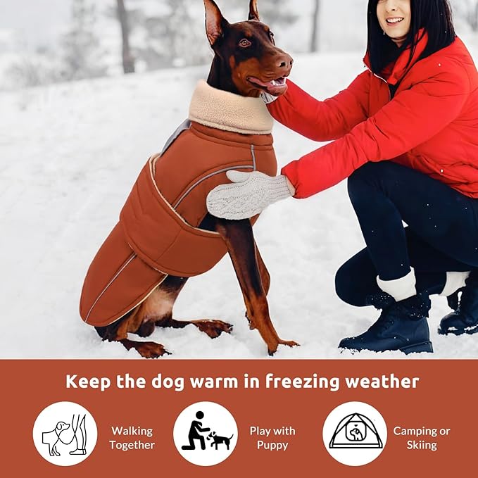 ASENKU Warm Dog Coat, Waterproof Dog Jackets for Large Dogs with Reflective Fleece Vest Turtleneck with Button,Windproof Cold Weather Coats for Small Medium Large Dogs, Red Brown, 3XL