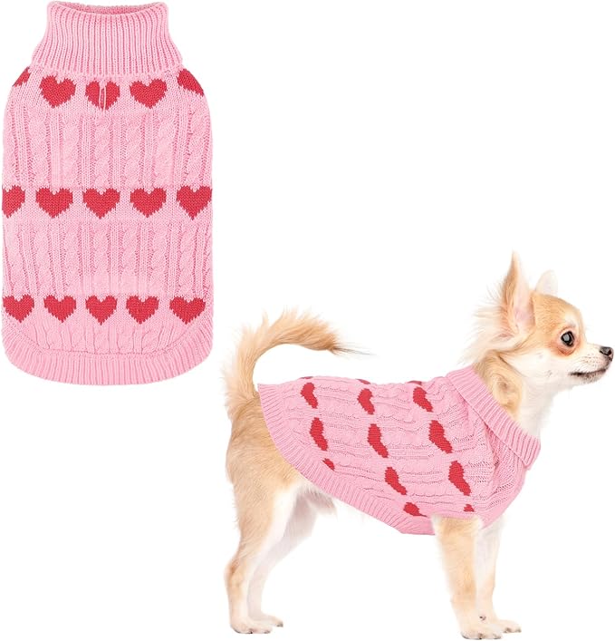 KOOLTAIL Cable Knit Dog Sweater Turtleneck, Cold Weather Pullover Classic Knitwear, Snowflake Pattern Thick Warm Winter Pet Clothes,Dog Christmas Sweater for Small Medium Large Dogs,Pink Heart S