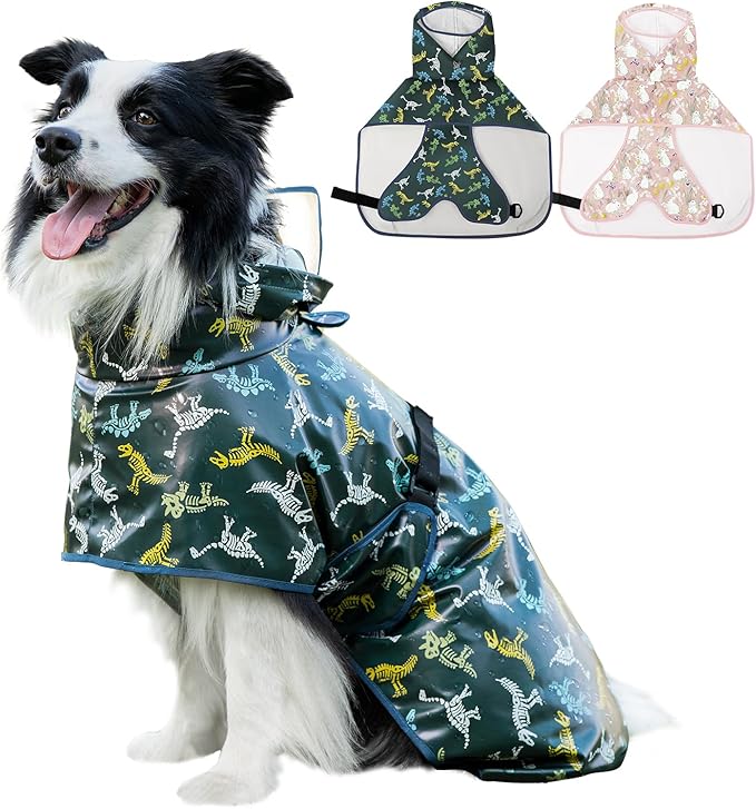 Dog Raincoat, Waterproof Windproof Dog Rain Jacket with Hood, Rain Coat with Leash Hole, Adjustable Raincoat Poncho for Small Medium Large Dogs Outdoor (Green, Medium)