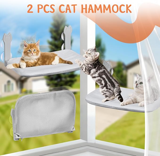Cat Window Hammock 2-Pack,Foldable Cat Perch with Suction Cups & Metal Frame,Holds up to 40 lbs - Durable & Secure,Features 2-Sided Cushion & Easy Storage for Sunny Lounging(Dark Gray)