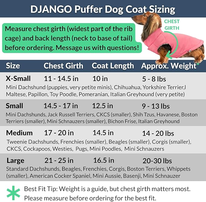 DJANGO Puffer Dog Coat – Warm Winter Dog Jacket & Water-Repellent Insulated Puffer Vest with Striped Lining, Harness Hole, Adjustable Fit for Small & Medium Dogs, Dachshunds – Rose Petal Pink, Small