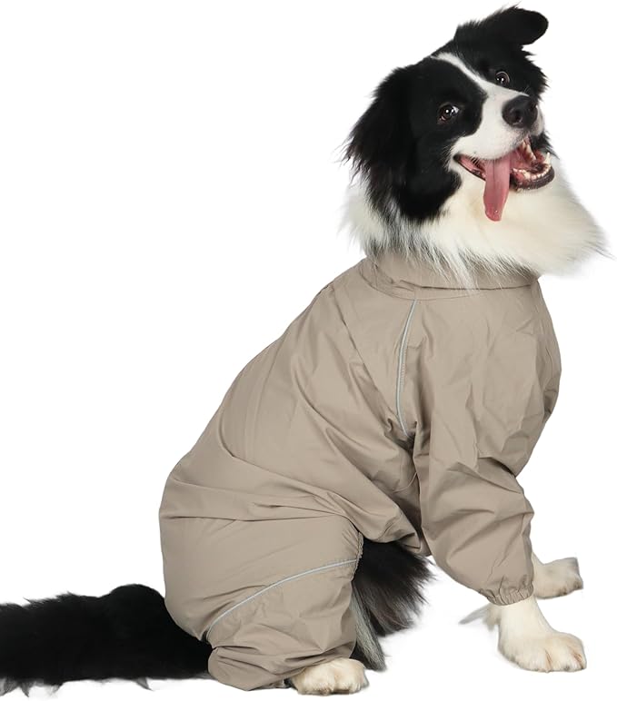 Dog Raincoat for Medium Large Dogs,rain Jacket Coat, Full Leg Coverage Waterproof Rain Suit with Detachable Hood & Tail, Reflective Strips, Snag-Free Top Zipper (Khaki for Boy, Large)