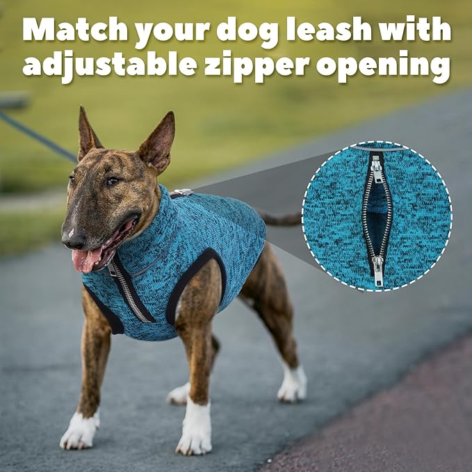 ROZKITCH Dog Sweater for Large, Warm Winter Jacket with Fleece Lining, Knit Vest with Zipper Opening for Harness, Adjustable Neck Reflective Pet Jacket Outdoor Walking Blue XL
