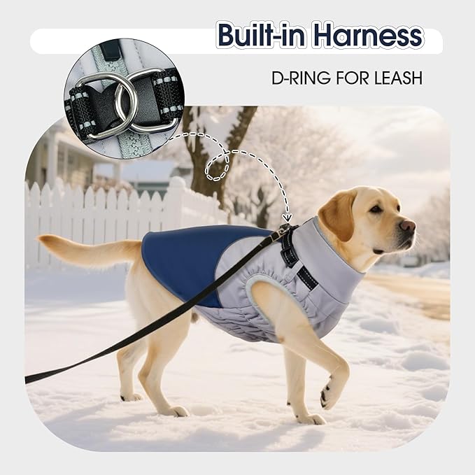 DENTRUN Dog Coat with Harness Built in, Easy On/Off Zipper Closure Winter Dog Vest, Water-Repellent Fleece Lined Warm Jacket with Reflective for Medium Dogs, Dark Blue, M