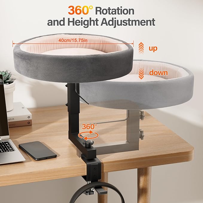 Cat Bed for Desk – Adjustable Metal Cat Bed with Headphone Holder, Scratch-Resistant Pet Shelf for Small Spaces, Modern Desk Cats Perch for Home/Office - Gray