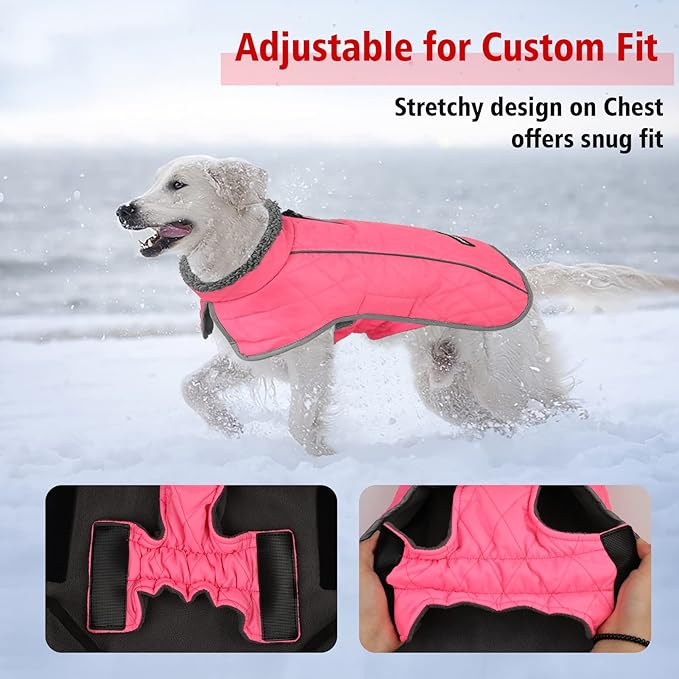 Fragralley Dog Coat Medium, Waterproof Dog Jacket with Warm Fleece Lining, Adjustable Reflective Dogs Winter Coat, Turtleneck Pet Coats for Cold Weather (Pink M)