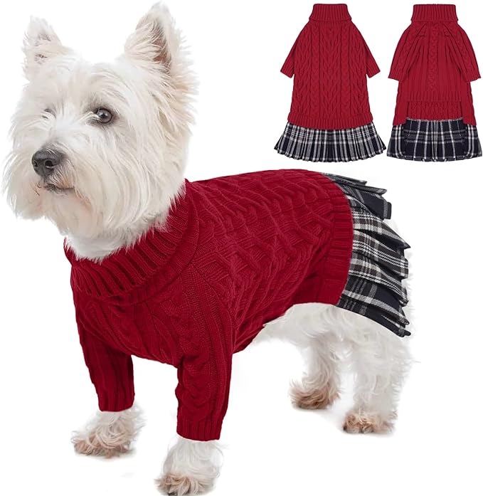 IECOii Girl Dog Sweater Dress - Cable Knit Dog Sweater for Small Dogs Girl - Red,Medium, Turtleneck Pullover Sweaters with Tartan Plaid Skirt, Adorable Warm Dog Knitted Dress for Christmas