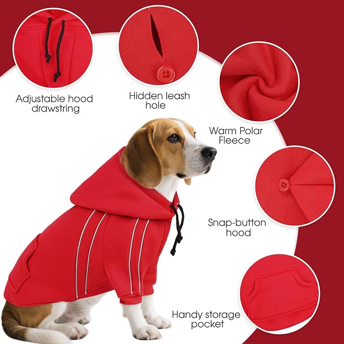 ASENKU Cozy Dog Hoodie，Soft Sweater with Adjustable Hood, Back Pocket and Leash Access Hole，Warm Reflective Sweatshirt for Cold Weather（Red，2XL