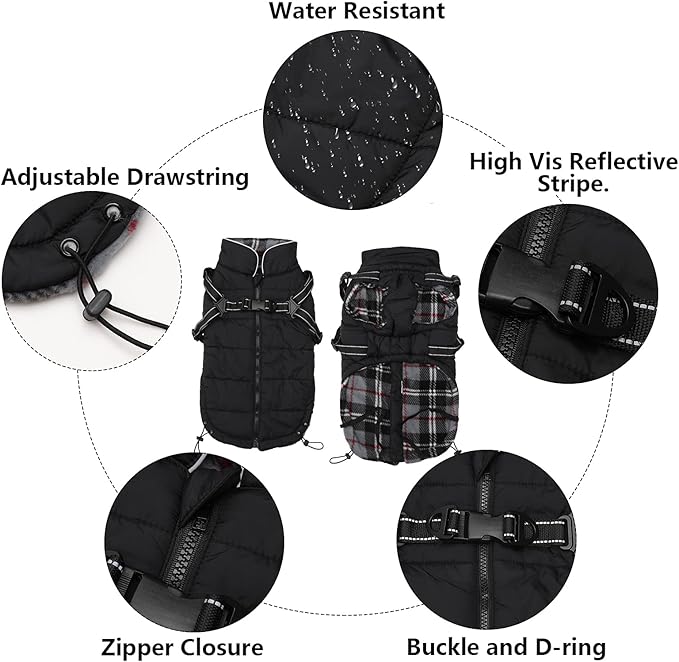 Geyecete Warm Waterproof Winter Dog Coat With Harness Traction Belt - Pet Outdoor Jacket for Autumn and Winter - Medium, Small Dogs - Black-M