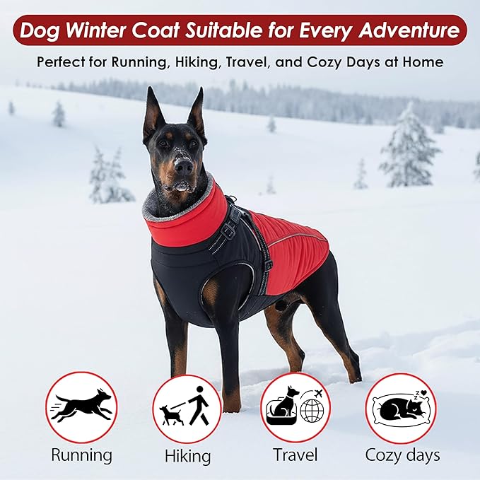 ASENKU Reflective Dog Coat with Built-in Harness, Windproof Fleece-Lined Dog Jacket for Small, Medium, Large Dogs, Warm Winter Vest with Turtleneck & Zipper (Red M)