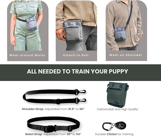 BEAU&FUR Small Dog Treat Pouch with Clicker for Training – 2 Cup Capacity, Built-In Poop Bag Dispenser, Storage for Snacks and Toys - Hands-Free Pouch Snack Holder for Walking and Training – Grey