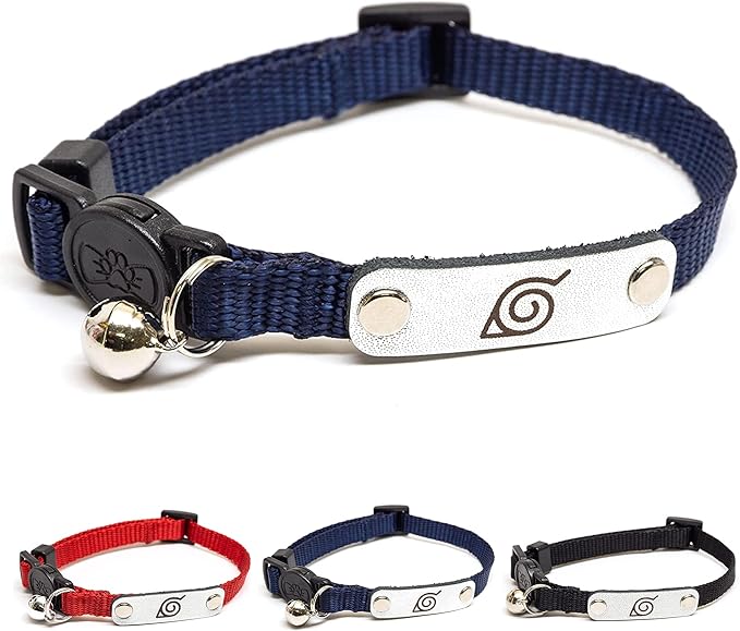 Naruto Breakaway Cat Collars for Girl & Boy Cats | Officially Licensed Naruto Shippuden Hidden Leaf Village Pet Accessories & Gifts, (8.5” to12”) Adjustable Cute Kitten Collar with Bell (Navy, Ninja)