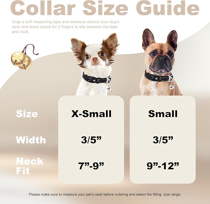 Small Dog Collar with Bell Reflective - Adjustable Puppy Collar for Nighttime Walks, Cute Basic Nylon Collar for Chihuahua Pomeranian Yorkie (Black S)