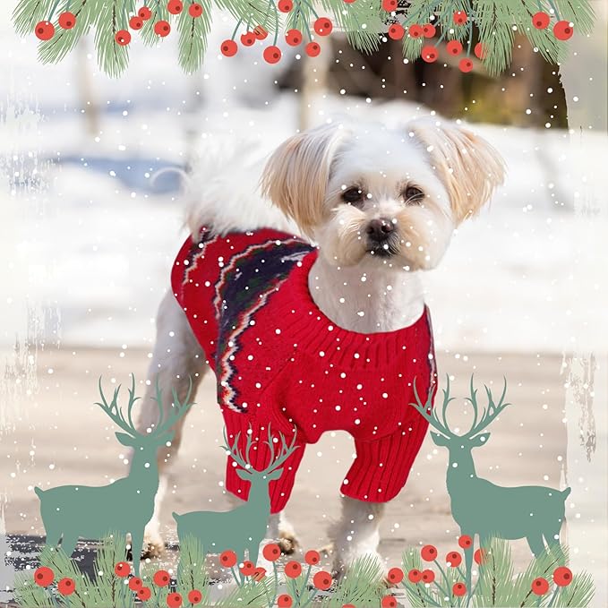 Queenmore Christmas Dog Sweater - Knitted Pullover Turtleneck Outfit, Warm Clothes for Small Dogs Boys or Girls L