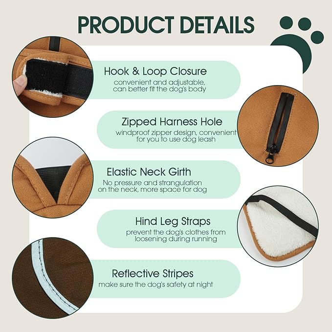 Kuoser Canvas Dog Coat, Warm Dog Jacket Reflective Fleece Pet Cold Weather Coat, Warm Doggie Clothes Waterproof Winter Vest with Zipper Leash Hole for Small Medium Large Dogs, Brown M