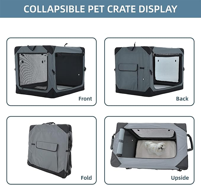 Pettycare 30 Inch Collapsible Dog Crate for Medium Dogs, 4-Door Foldable Soft Dog Kennel with Chew Proof Mesh Windows, Indoor & Outdoor Travel Dog Crate
