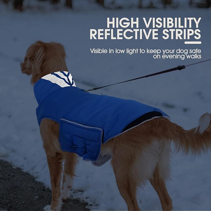 Kuoser Dog Coat Small, Cold Weather Reflective Waterproof Dogs Jacket with Warm Fleece Lining, Turtleneck Dog Winter Coat with Zipper, Doggy Snow Jacket Pet Coats for Small Medium Large Dogs, Blue XS