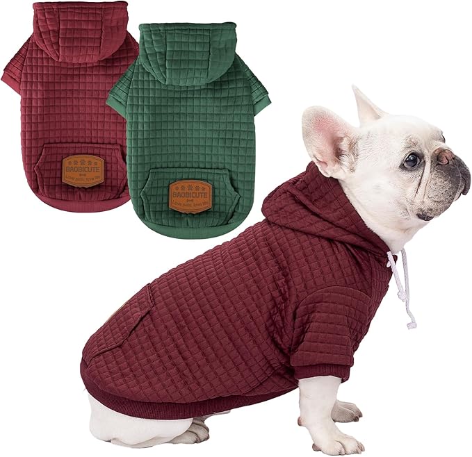 2 Pack Dog Hoodie Sweaters for Small Medium Dogs Warm Dog Clothes for Large Dogs Soft Waffle-Like Laminated Sweatshirt Bulldog (Dark Green+Wine Red, L (Back: 19",Chest: 28", Neck: 17.5"))