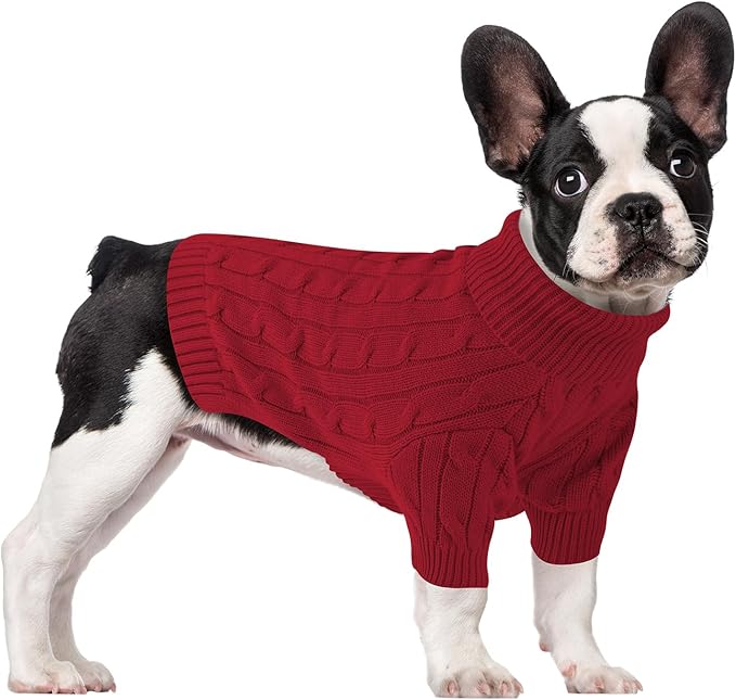 Small Dog Thermal Pullover Sweater, Classic Turtleneck Cable Knitwear Dog Clothes for Cold Weather Warm Pet Clothes for Chihuahua, Bulldog, Dachshund, Pug Red Medium